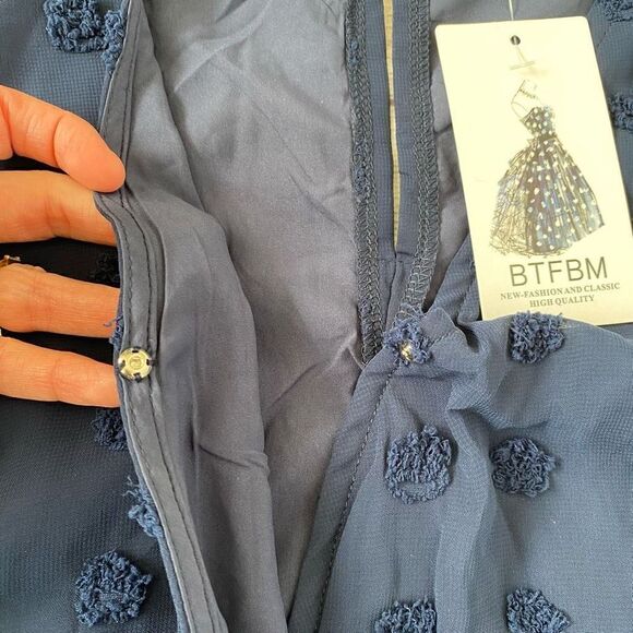 BTFBM fully lined v-cut short sleeve romper w/fabric appliqués navy blue sz L - Picture 8 of 12